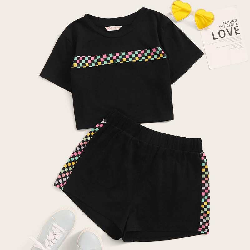 

Colorful Checkered Tape Crop Top & Shorts, Black