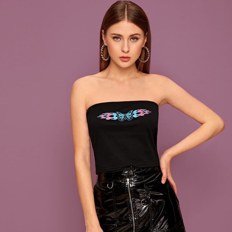

Butterfly Graphic Tube Top, Black