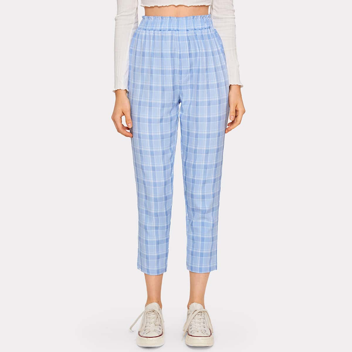 

Plaid Elastic Waist Pants, Blue