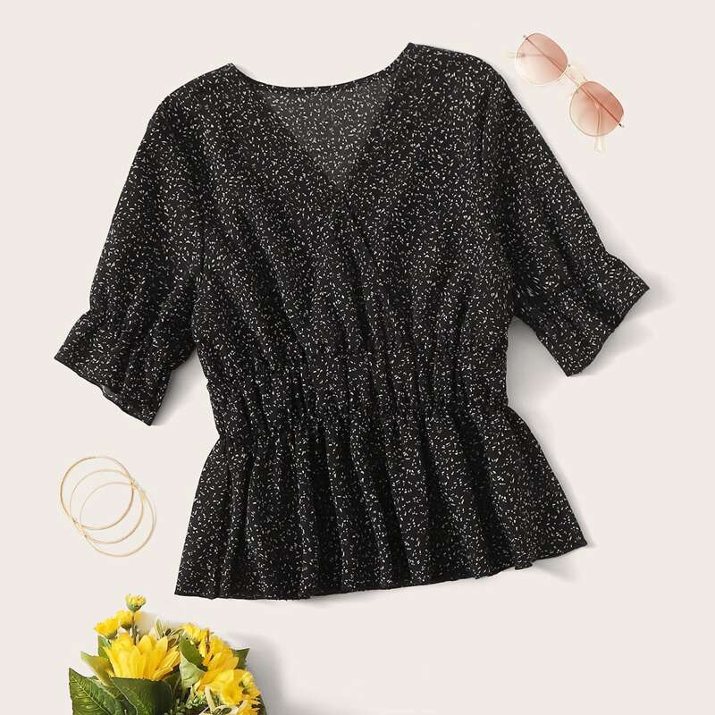 

Confetti Print Surplice Babydoll Blouse, Black