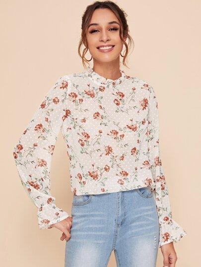 Frill Neck Polka Dot & Floral Print Blouse