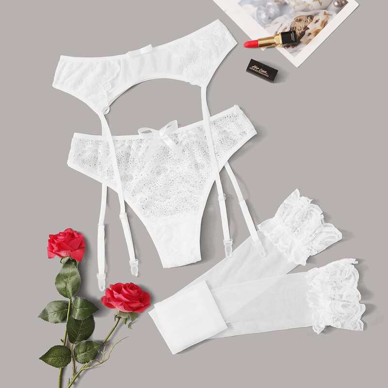 

Floral Lace Panty & Garter & Stockings, White