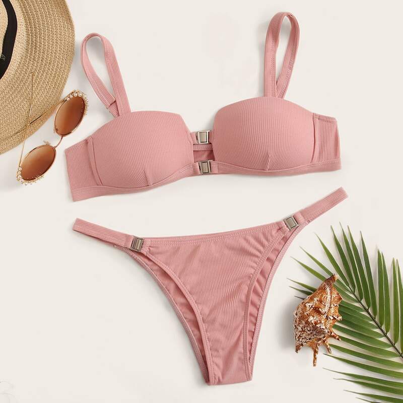

Ribbed Push Up Thong Bikini Swimsuit, Pink