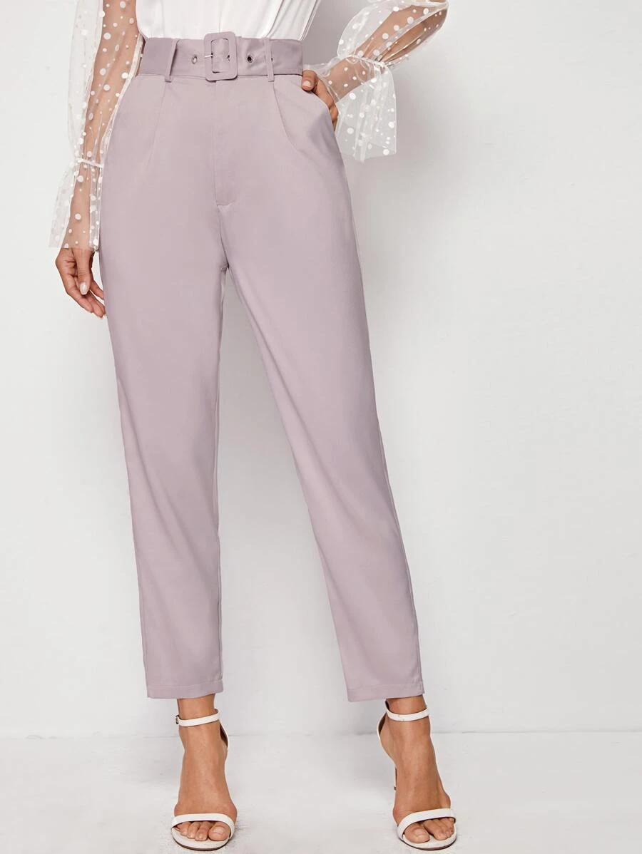 SHEIN Essnce Adjustable Belted Cropped Tailored Trousers - Dusty Purple - View 1
