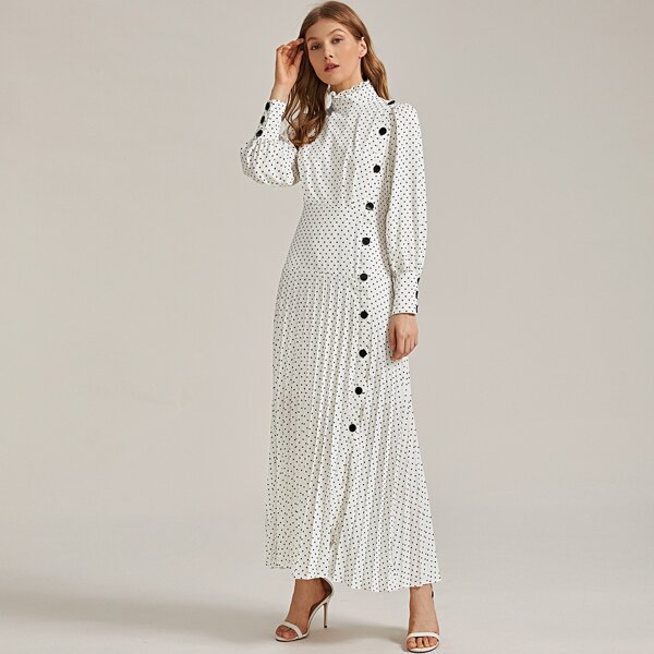 

Frilled Neck Button Front Polka Dot Pleated Hem Dress, White