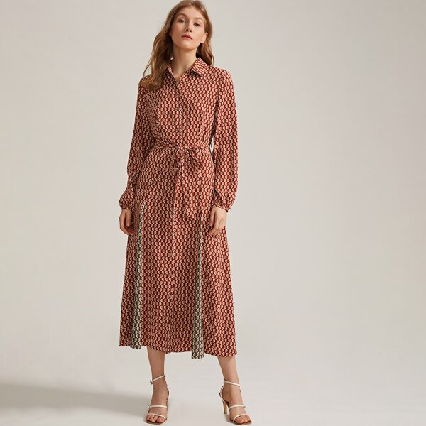 

Allover Print Self Belted Godet Shirt Dress, Multicolor