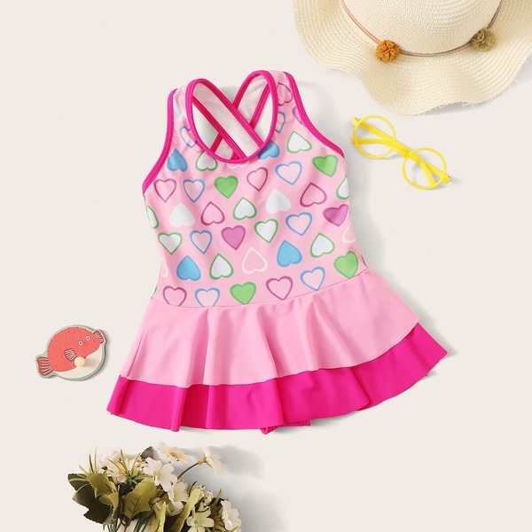 

Toddler Girls Heart Random Print Peplum One Piece Swimwear, Pink
