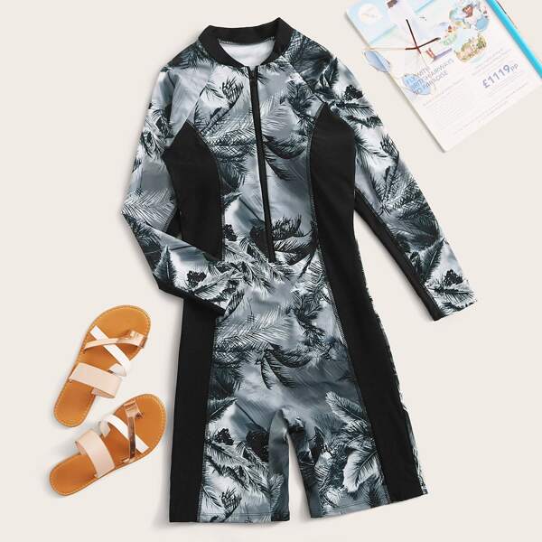 

Tropical Zipper Front Long Sleeve One Piece Swimwear, Multicolor