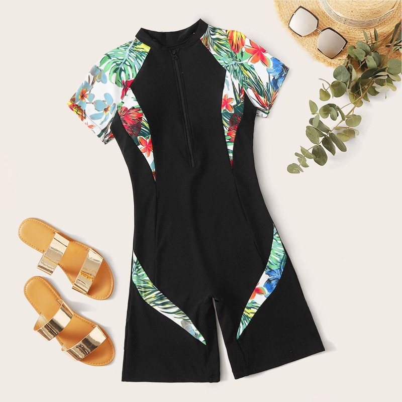

Tropical Zipper Front Surfing Swimsuit, Black