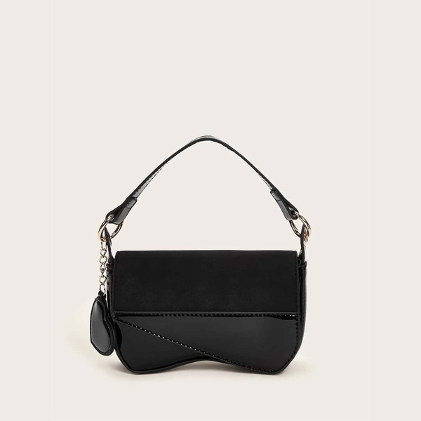 

Heart Charm Patent Satchel Bag, Black