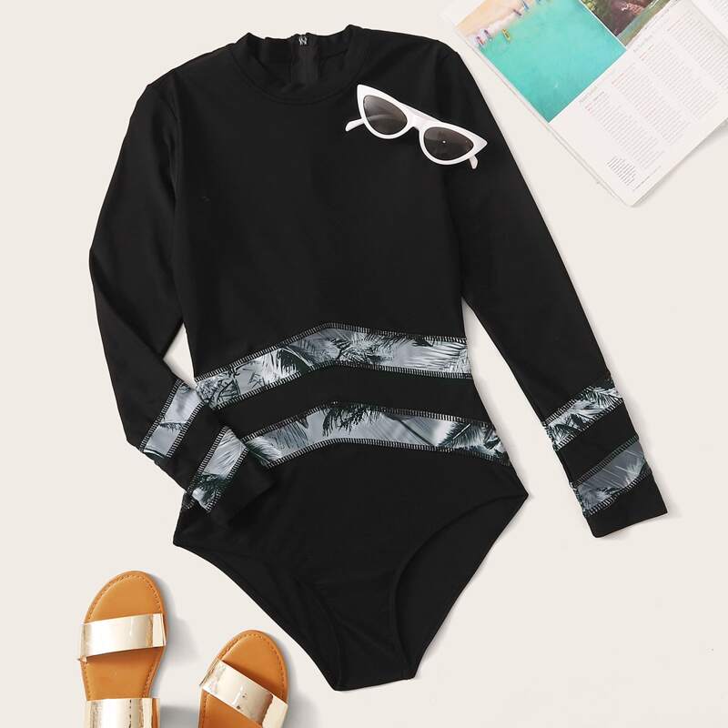 

Tropical & Striped Zipper Back One Piece Swimsuit, Black