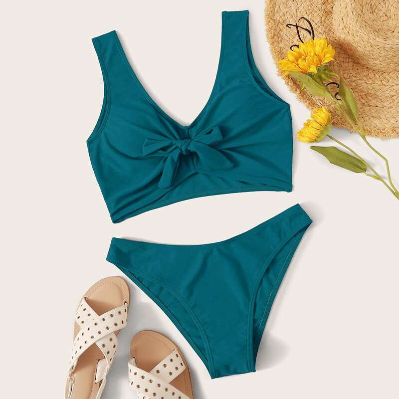 

Knot Front Cheeky Bikini Swimsuit, Green