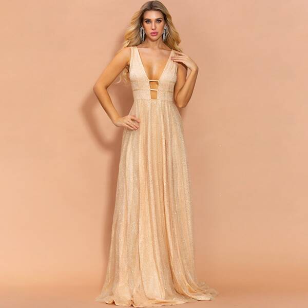 

Laddering Plunging Neck Glitter Prom Dress, Gold