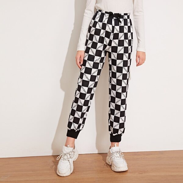 

Girls Letter Graphic Checked Sweatpants, Black and white