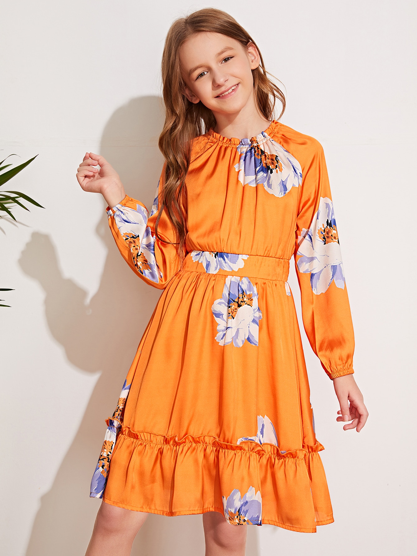 girls crinkle front shirred panel raglan sleeve floral dress