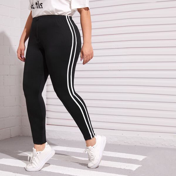 

Plus Zipper Fly Striped Side Leggings, Black