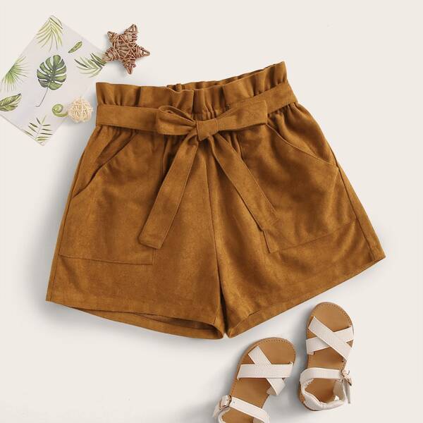 

Girls Paperbag Waist Tie Front Suede Shorts, Camel