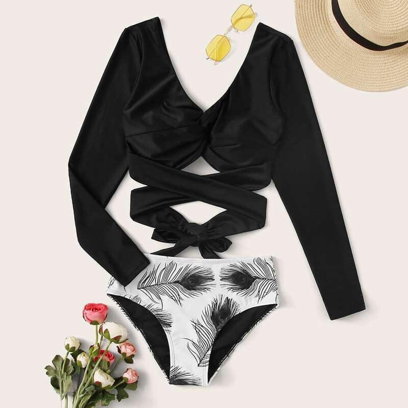 

Knot Long Sleeve Top With Feather Print High Waist Tankini, Black and white