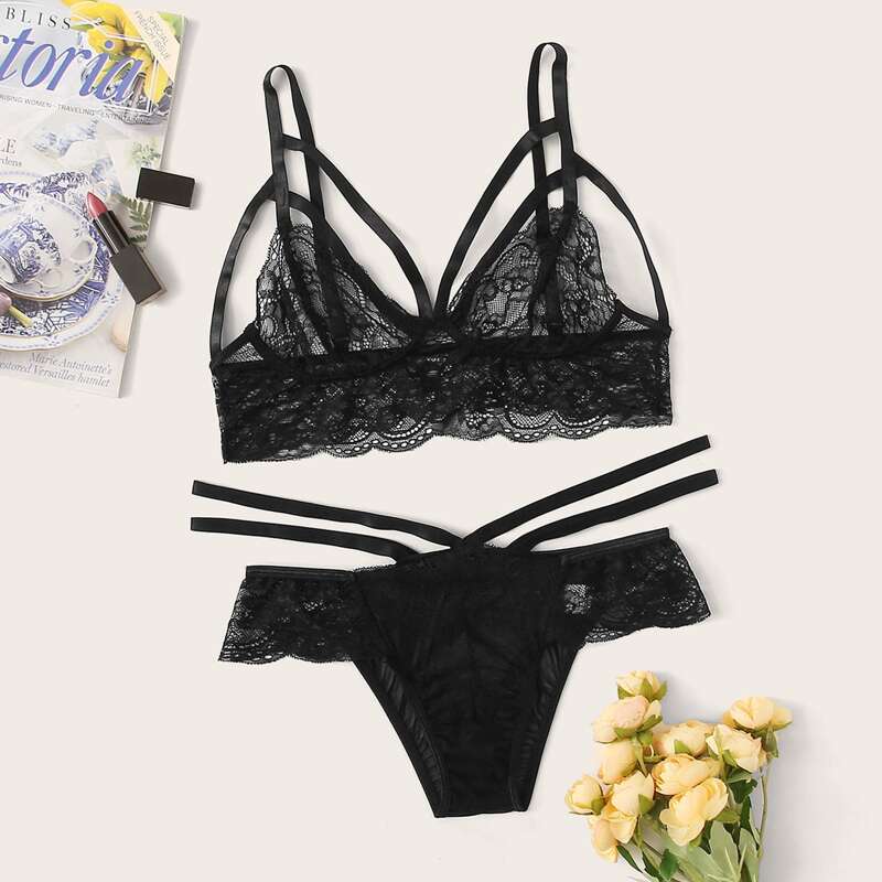 

Floral Lace Harness Lingerie Set, Black