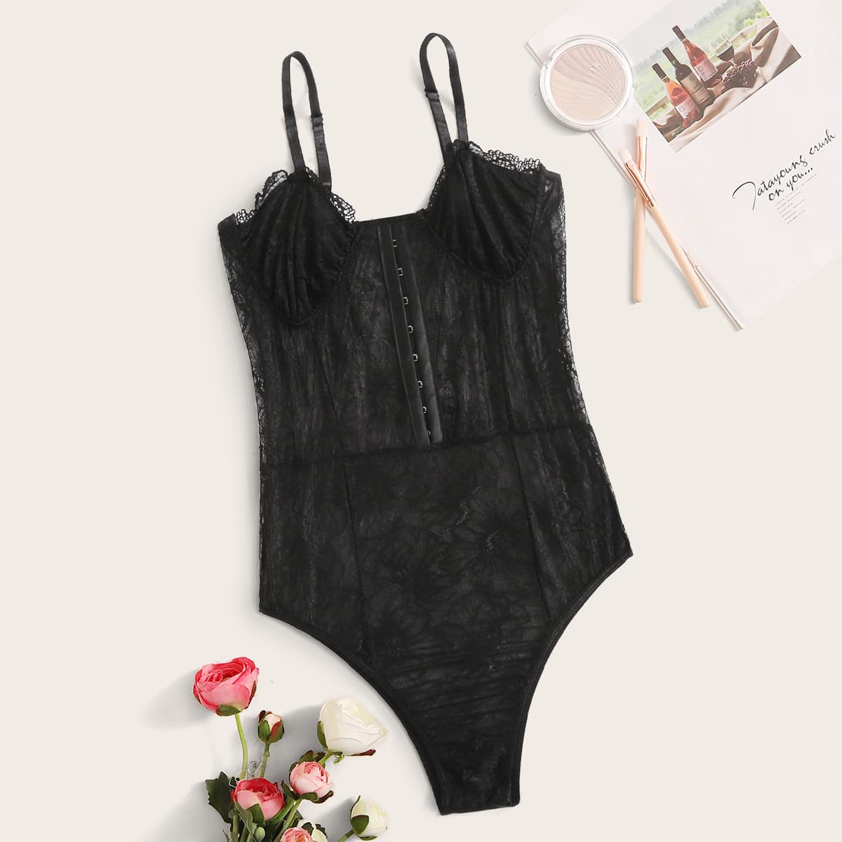 

Floral Lace Front Close Teddy Bodysuit, Black
