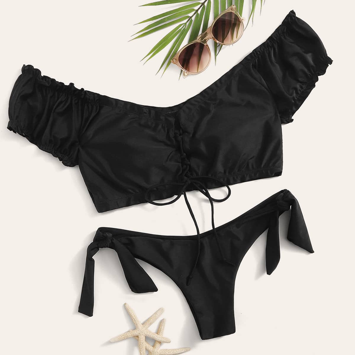 

Frill Trim Short Sleeve Tie Side Bikini Swimsuit, Black