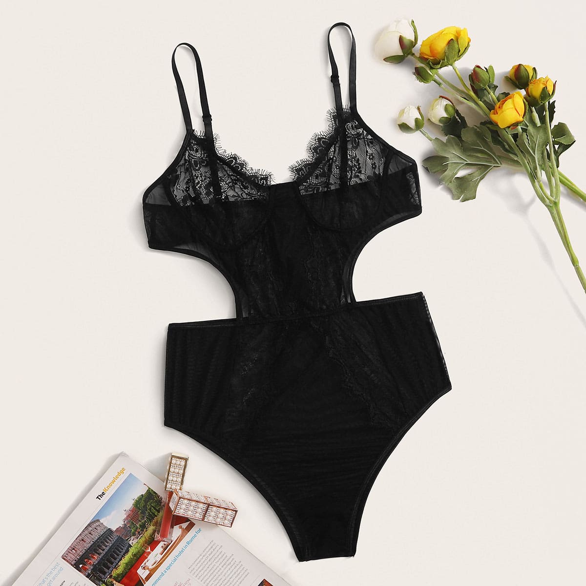 

Eyelash Lace Cutout Teddy Bodysuit, Black