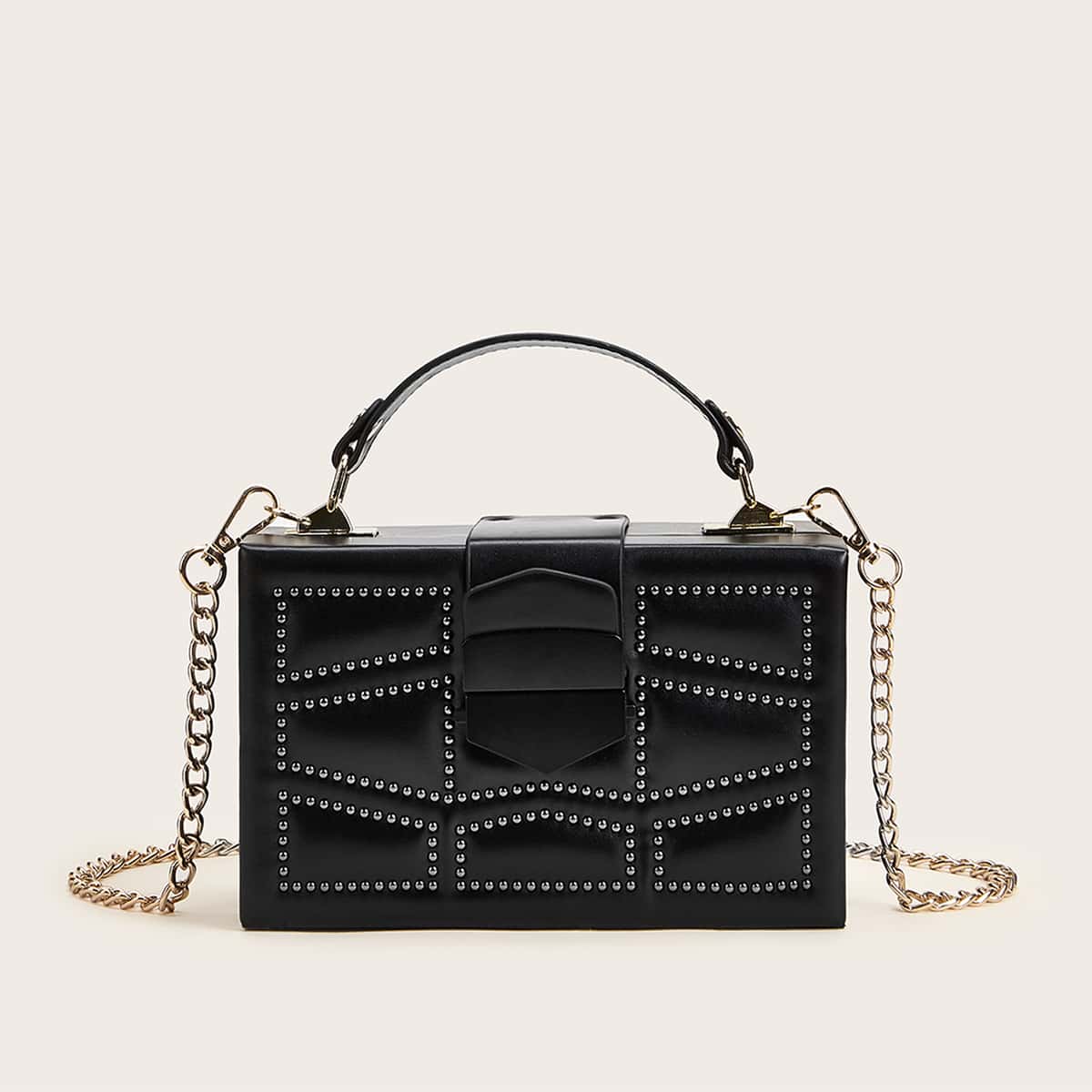 

Studded Decor Structured Box Bag, Black