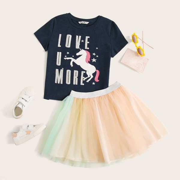 

Girls Unicorn and Slogan Graphic Top & Colorblock Mesh Skirt Set, Multicolor