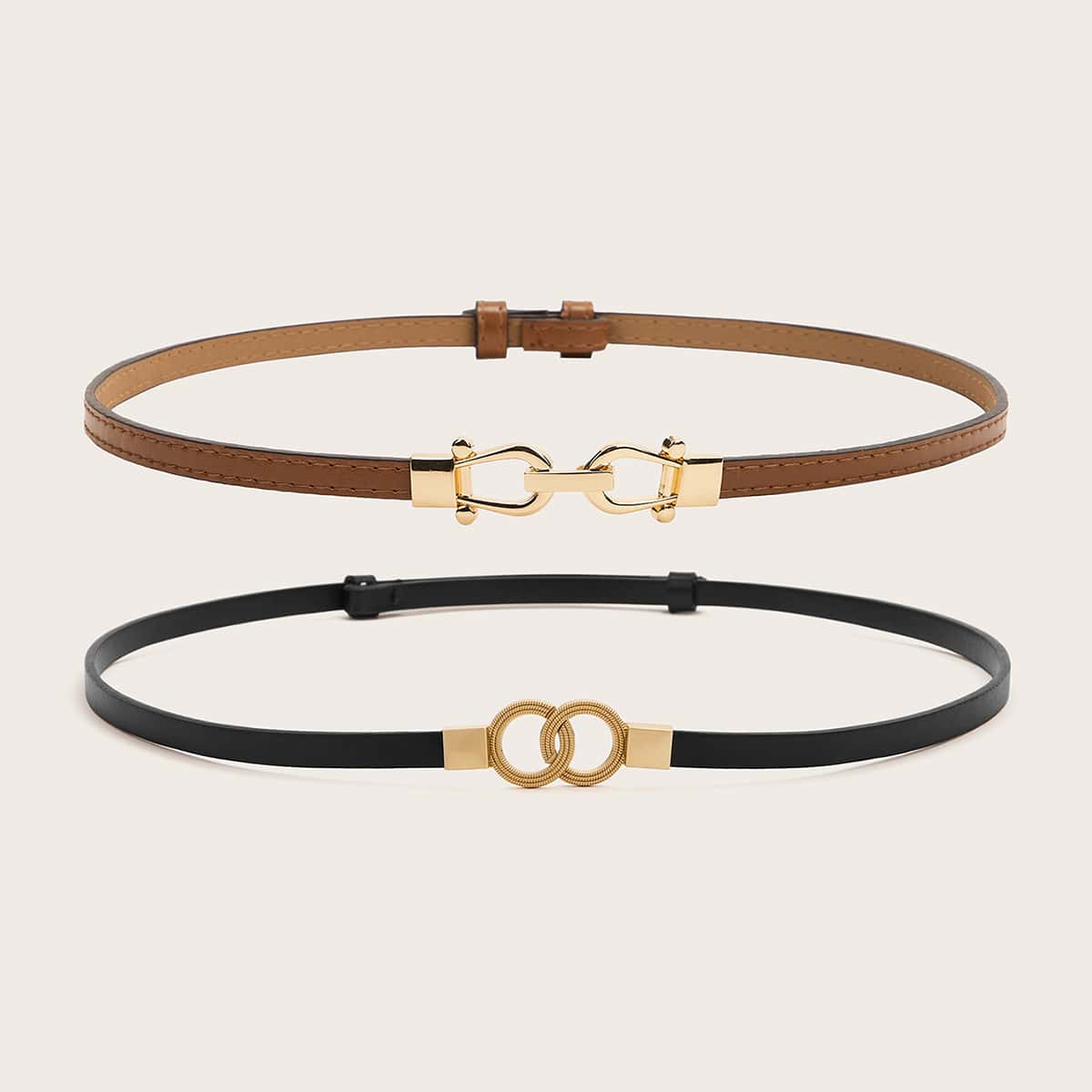

2pcs Double O-ring Stitched Buckle Belt, Multicolor