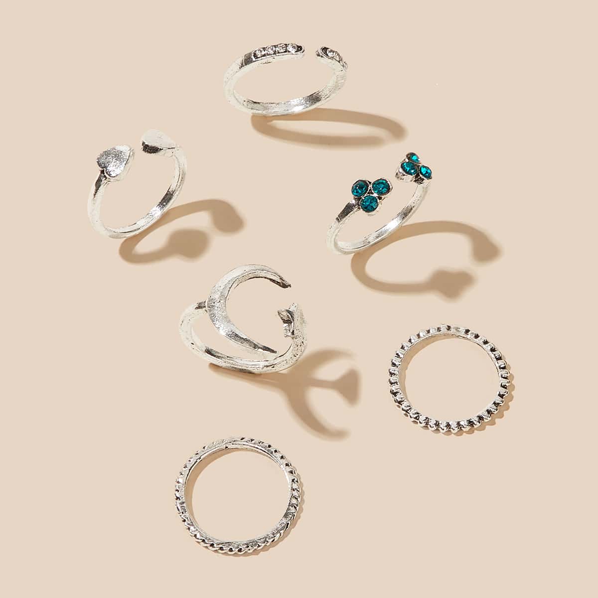 

6pcs Rhinestone Engraved Moon Charm Ring Set, Silver