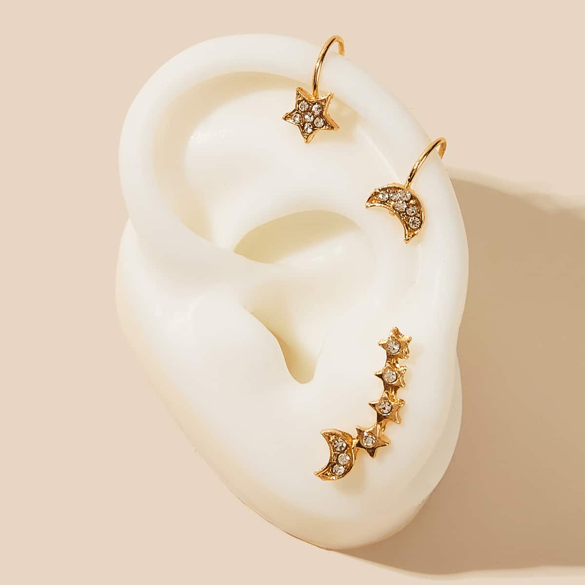 

3pcs Rhinestone Engraved Moon Earring Set, Gold