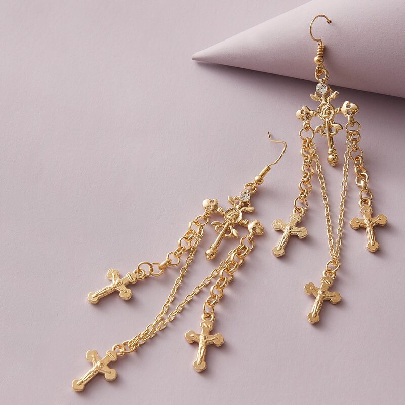 

1pair Cross & Chain Drop Earrings, Gold