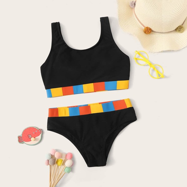 

Girls Plaid Hem Top With High Waisted Bikini Set, Black