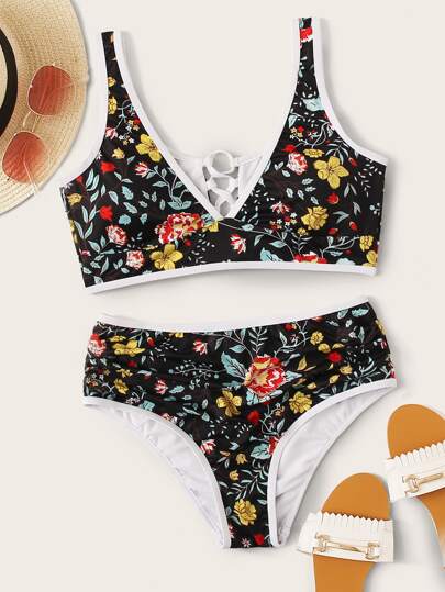 Floral Random Print Lace-up Back Bikini Set