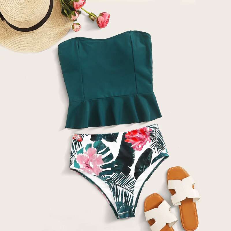 

Ruffle Trim Bandeau With Tropical High Waisted Tankini, Multicolor