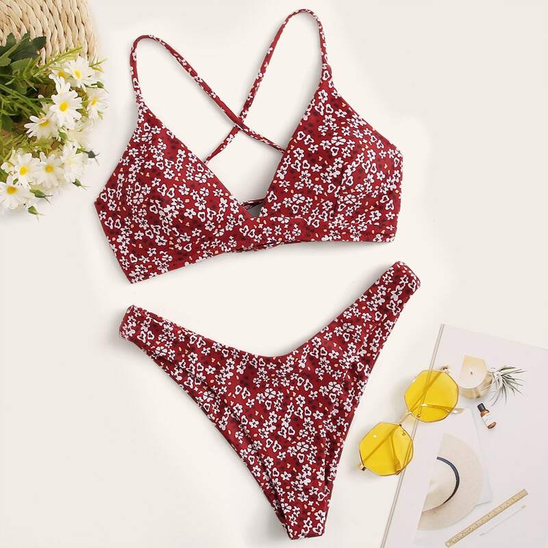 

Floral Random Print Lace-up Back Top With High Cut Bikini, Multicolor