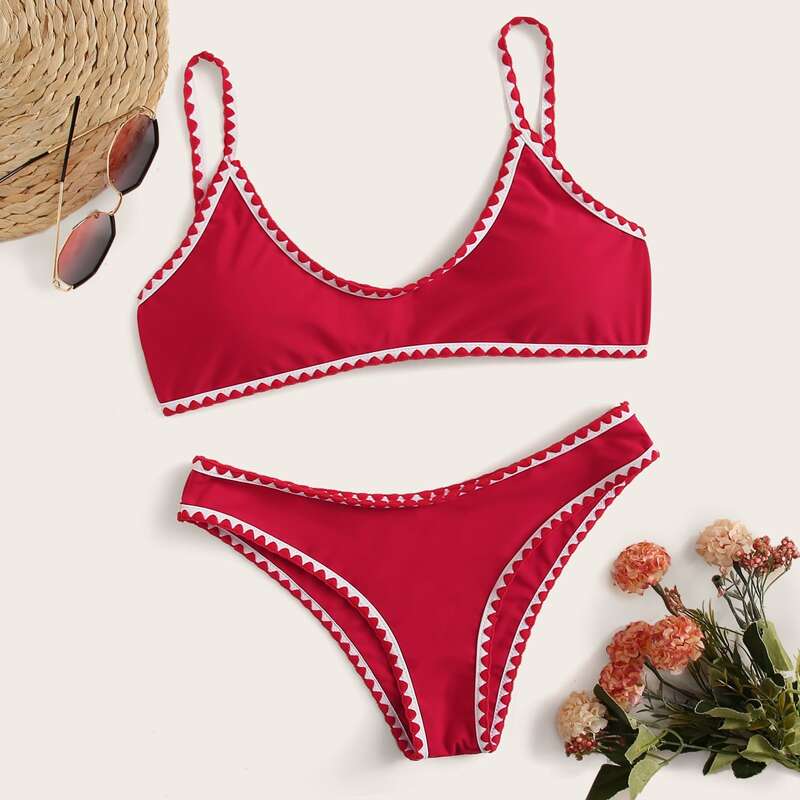 

Contrast Binding Bikini Swimsuit, Rose red
