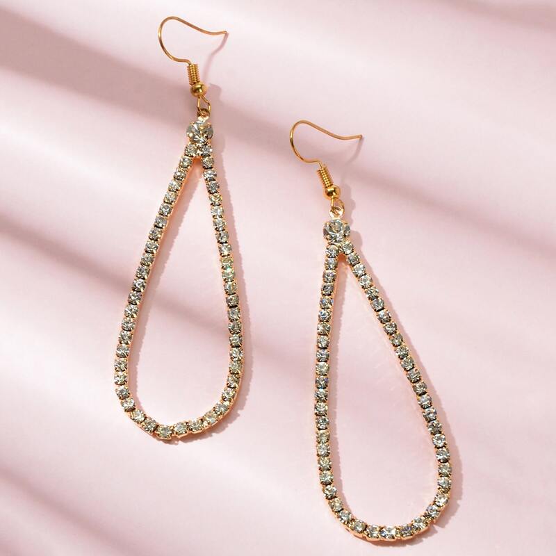 

1pair Rhinestone Engraved Water Drop Earrings, Silver