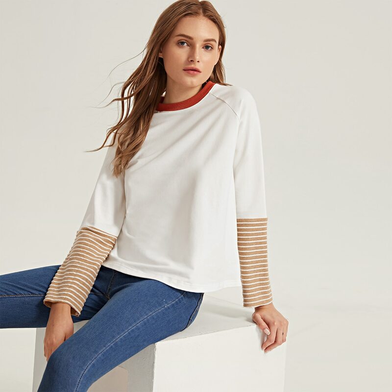 

Striped Cuff Raglan Sleeve Top, White