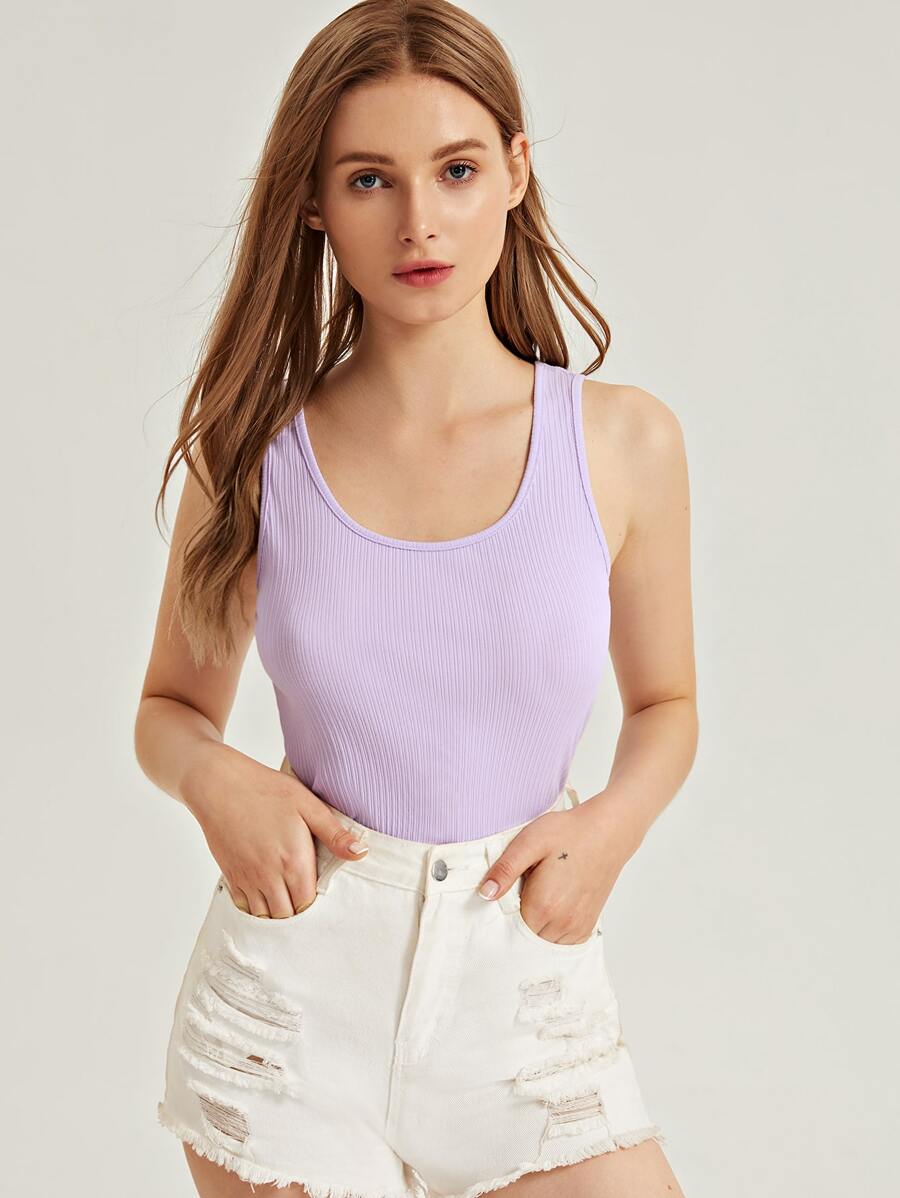 SHEIN Tank top tejido de canalé unicolor - Lila Púrpura - Ver 1