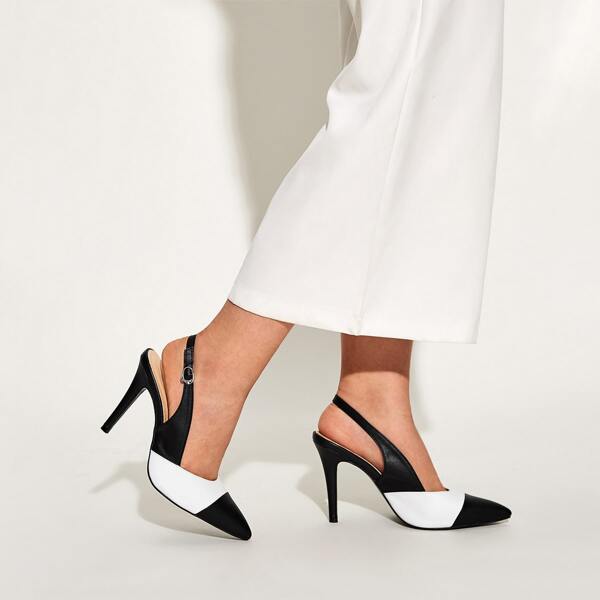 

Two Tone Point Toe Slingback Stiletto Heels, Black and white