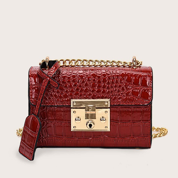 

Push Lock Croc Embossed Crossbody Bag, Red