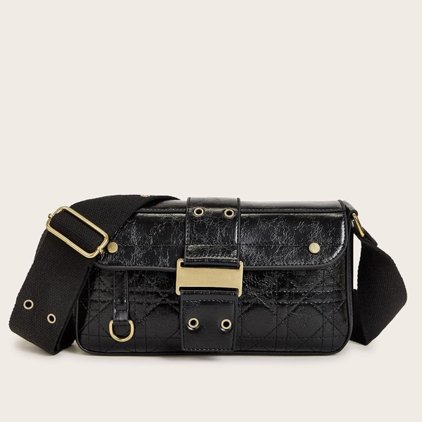 

Eyelet Detail Wide Strap Crossbody Bag, Black