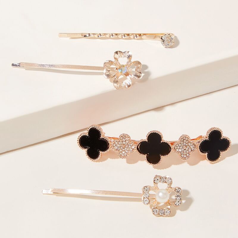 

4pcs Clover & Rhinestone Decor Hair Clip, Gold