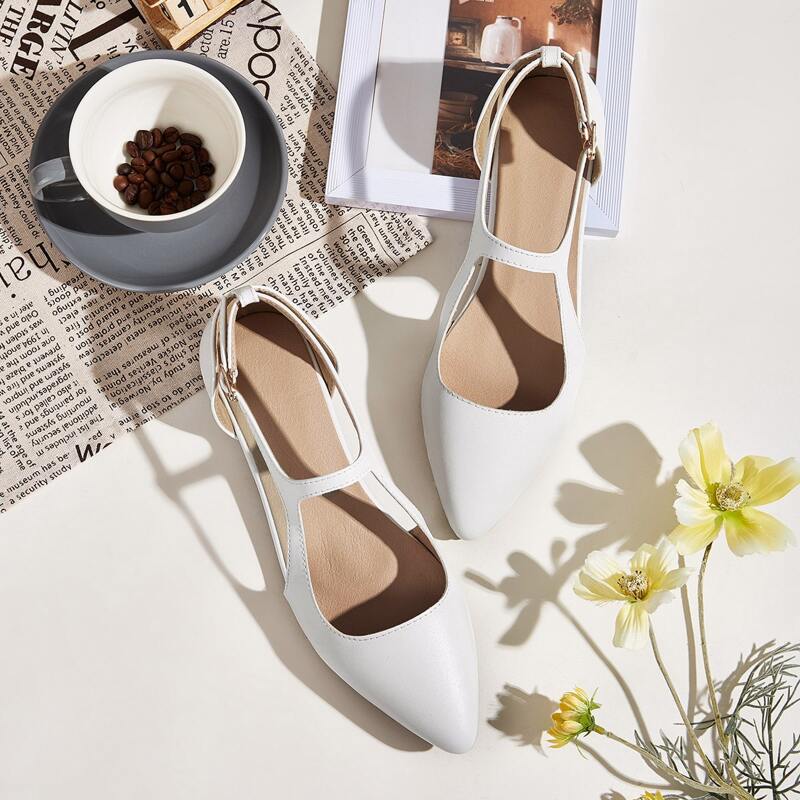 

Point Toe Ankle Strap Flats, White