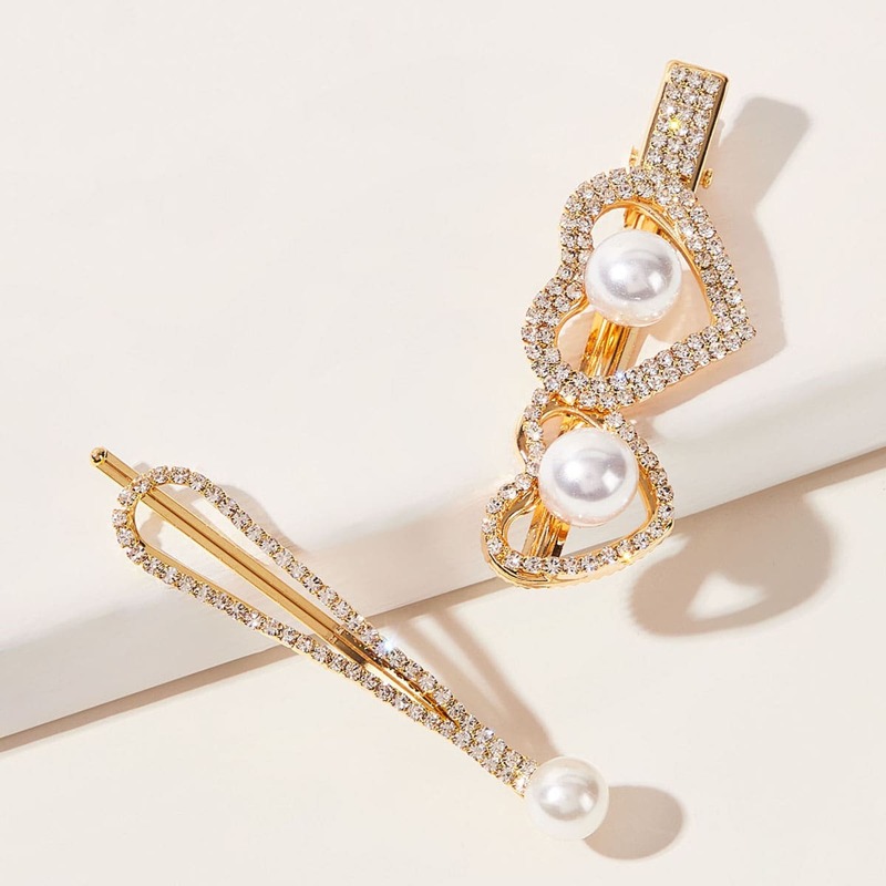 

2pcs Faux Pearl Decor Rhinestone Engraved Hair Clip, Multicolor