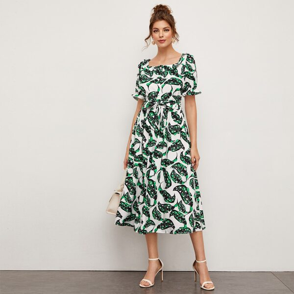 

Square Neck Plants Print Dress, Multicolor