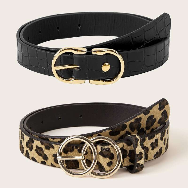 

2pcs Leopard & Croc Pattern O-ring Buckle Belt, Multicolor