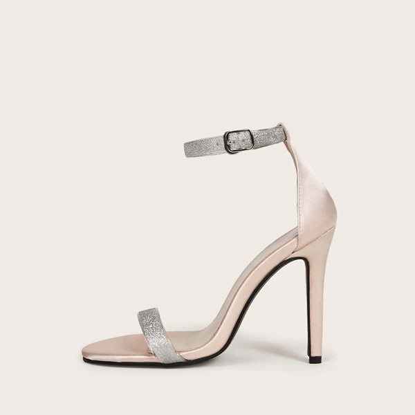 

Open Toe Glitter Ankle Strap Stiletto Heels, Silver