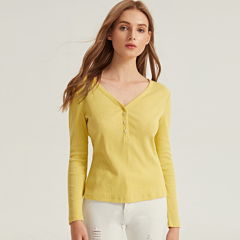 

Button Half Placket Rib-knit Tee, Yellow